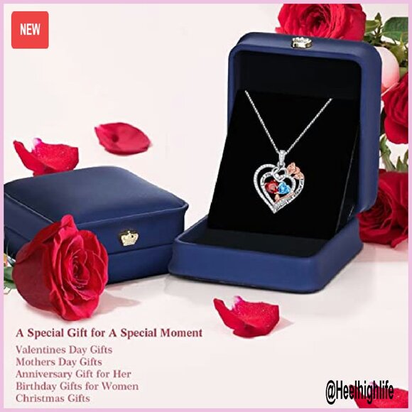 925 Sterling Silver Double Birthstone Necklace Heart Pendant Gift - Picture 7 of 8